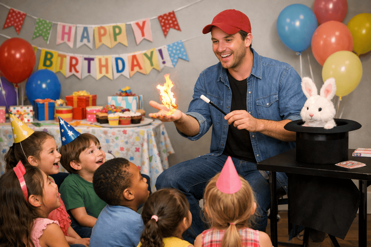 Professional kids magician performing at birthday party